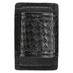 This duty equipment pouch is constructed from black synthetic leather with a basket weave finish. It measures 3 1/2 inches by 2 1/4 inches and is designed to carry a standard-sized flashlight. Suitable for use on belts or duty rigs in security and industrial settings.