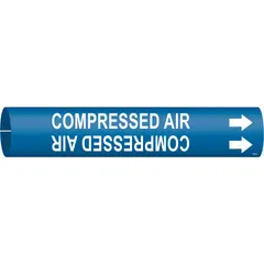 This snap-on pipe marker identifies compressed air lines on pipes with outer diameters of 4 to 6 inches. The blue background with white legend and directional arrows provides clear indication of pipe contents. Suitable for industrial facilities where quick recognition of compressed air lines is needed.