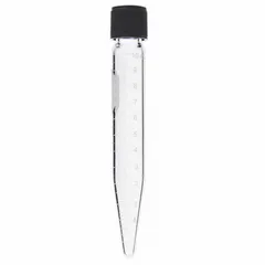 Colorless glass centrifuge tube with a conical bottom for efficient pellet collection. Graduated for volume measurement, includes a closure to prevent spillage during centrifugation. Body diameter 17 mm, overall height 116 mm, 10 mL capacity. Suitable for general laboratory separation and sample preparation processes.