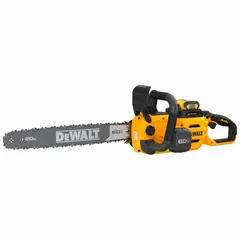 This DEWALT battery-powered chainsaw features a rear-handle design and automatic chain oiler. Powered by a 60 V, 50.2 cc equivalent motor, it is suitable for felling, limbing, and bucking medium to large trees. The tool-only unit requires a DEWALT 60 V battery and charger (sold separately).