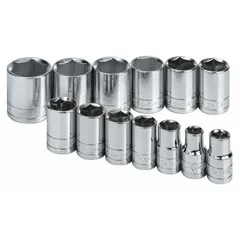 This 13-piece socket set includes SAE 6-point sockets ranging from 7/16 in to 1-1/4 in with a 1/2 in drive. The friction ball retainer secures sockets on the drive tool. Suitable for tightening and loosening hex fasteners in automotive, industrial, and mechanical applications.