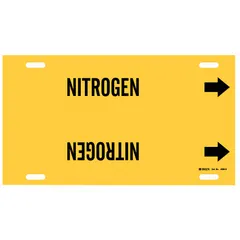 Yellow strap-on pipe marker with black legend reading 'Nitrogen' and directional arrows. Fits pipe outer diameters of 8 to 9-7/8 inches. Used to identify nitrogen lines in piping systems, aiding in compliance with pipe identification standards.