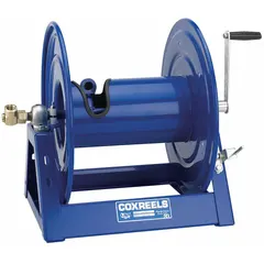 This hand-crank hose reel stores and dispenses hose for air, water, or oil in industrial maintenance and automotive settings. It features a brass swivel and nitrile seal, with a gooseneck design to reduce hose wear. Hose capacity is 175 ft of 3/4 in I.D. hose. Overall dimensions: 17-5/8 in L x 23-3/8 in W x 18-3/4 in H. Reel color: blue.