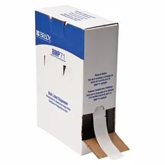 White matte vinyl precut label roll measuring 4 in x 1 in. Designed for wire gauges from 1 AWG to 500 kcmil. Compatible with BMP71 printer series and requires M7-R4300 ribbon. Used for clear identification of wires and cables in industrial settings.