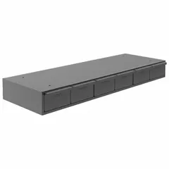 Stackable steel cabinet with six gray powder-coated drawers. Each drawer measures 5-15/32 in wide, 11-1/4 in deep, and 3-3/16 in high. Includes dividers for organizing small parts, tools, or components in workshops and assembly areas.