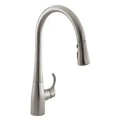 Brass single-post deck-mounted kitchen faucet with gooseneck design and pull-out spray head. Requires one mounting hole for installation. Suitable for residential and light commercial kitchen sink areas.