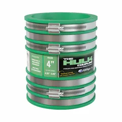 This reinforced shielded flexible transition coupling connects cast iron pipe to PVC fittings in below-ground applications. It has an 8 in overall length, a steel shield and reinforcement, and includes six stainless steel clamps for secure sealing.