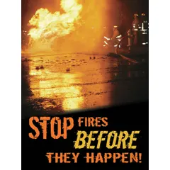 This 22 in x 17 in safety poster features a clear film laminate protective coating for durability. Printed in English, it is designed for use in industrial workplaces to promote fire prevention awareness. The poster does not include a frame and does not support writing on the surface.