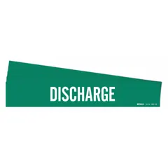 Green pipe marker with white 'Discharge' legend, designed for pipe outer diameters of 8 inches and larger. Each pack contains 5 markers without arrows. Used to identify discharge piping in industrial facilities for safety and compliance.