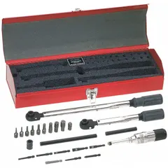 This 25-piece tool set includes drivers, bits, wrenches, two torque wrenches, and one torque screwdriver, all stored in a tool box. SAE sizing is used; sockets are not included. Suitable for electrical installation, maintenance, and repair tasks requiring precise torque applications.