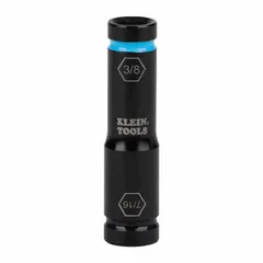 This flip impact socket features a 1/2 in drive and dual SAE sizes of 3/8 in and 7/16 in with a 6-point design. The manganese phosphate finish provides corrosion resistance. It is designed for use with impact tools to fasten or loosen hex fasteners, commonly in maintenance and assembly tasks.