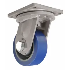 This heavy-duty swivel plate caster features a face brake for controlled locking. It has an 8-inch diameter, 3-inch wide blue roller bearing wheel and a steel frame with an 11-inch mounting height. Suitable for industrial carts, racks, and equipment requiring secure positioning in material handling environments.