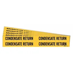 Yellow adhesive pipe markers with black legend reading 'Condensate Return,' designed for pipes with outer diameter from 3/4 to 2-3/8 inches. Each pack contains 4 markers without arrows. Used to identify condensate return lines in steam and HVAC systems, aiding in compliance with pipe-labeling standards.