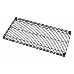 Steel wire shelf with antimicrobial properties for dry environments. Black epoxy coating resists corrosion. Quick-adjust design allows tool-free height changes. Supports up to 800 lb. Suitable for commercial kitchens, warehouses, and retail storage.