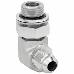 This rigid 90° elbow adapter connects hydraulic hoses with NPTF threads, allowing direction changes in confined spaces. It features male x female connections and is suited for fluid power systems and industrial machinery requiring leak-resistant joints.