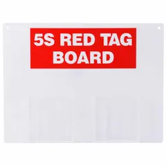 Red acrylic board with preprinted '5S Red Tag Board' text in English. Includes two tag pockets for holding red tags. Used in 5S and lean workplace organization to centralize items for evaluation during sorting activities.