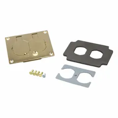 Rectangular brass floor box cover with brushed gold finish. Measures 3 1/4 in L x 3 1/4 in W x 1/2 in H. Used to protect and conceal electrical outlets, data ports, or low-voltage connections in floor boxes.