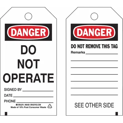 BRADY Danger Tag: Danger, Danger Do Not Operate, Polyester, Remarks, Write-On Surface - Safety