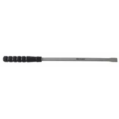This 28-inch screwdriver-handle pry bar features a chisel end with a straight end angle, designed for prying, lifting, and demolition tasks. It meets ASME B107.52 standards and has a heat-treated tip rated at 48 HRc at 6 inches from the chisel end for heavy-duty applications.