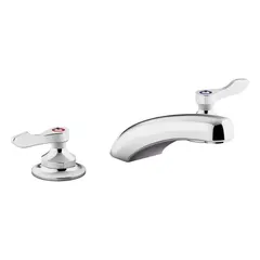This widespread handle bathroom faucet is constructed from brass with a polished chrome finish. It features an arc design and a flow rate of 0.5 gallons per minute. Suitable for residential and commercial bathroom sinks.