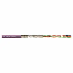 Shielded continuous flexing bus drop cable with one pair of 20 AWG conductors. Minimum bend radius factor is 8 x OD for fixed installation and 12 x OD for flexible installation. Suitable for use in cable carriers or drag chains in industrial automation and motion control systems.