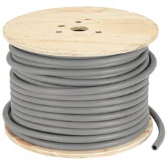 This nitrile bulk air hose features a vinyl nitrile cover and is rated for 300 psi maximum working pressure at 70°F. With a 1/4 in inside diameter and gray color, it is suitable for compressed air systems in industrial and workshop environments.