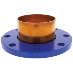 This wrot copper tube flange features a cup x flange connection, designed to join 5-inch CTS copper tube to 5-inch pipe. It is used in plumbing and HVAC systems to provide a transition between copper tubing and flanged pipe connections.