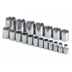 This 19-piece SAE socket set includes 6-point sockets ranging from 3/8 in to 1-1/2 in with a 1/2 in drive. The friction ball retention mechanism secures sockets on the drive tool. Suitable for tightening and loosening hex fasteners in automotive, industrial, and general mechanical applications.