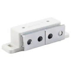 Plastic magnetic catch with pull opening action. Measures 5/8 in height by 2 3/8 in width. Used to secure cabinet doors, panels, and enclosures in industrial and commercial settings.