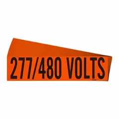 Self-stick vinyl markers for identifying conduit and voltage systems. Each label measures 9 in wide by 2 1/4 in high and displays the legend '277/480 Volts' in Style A. Pack of 25.