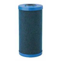 This activated carbon water filter cartridge features woven carbon media for sediment and chlorine reduction. With a 5-micron rating and 2 gpm flow rate, it is suitable for point-of-use or point-of-entry filtration systems. Overall height is 9 3/4 inches