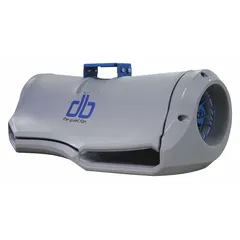This industrial low-profile blower-style ceiling fan delivers 2,480 cfm of airflow for ventilation in warehouses, factories, and large commercial spaces with limited overhead clearance. It operates on a single speed at 120V AC and has a maximum mounting height of 12 ft. The unit measures 12 1/8 inches in height.