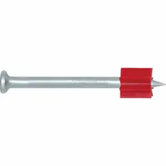 Pack of 100 pins for powder-actuated tools. Each pin has a 2 in overall length, 0.3 in head diameter, and 9/64 in shank diameter. Used for fastening materials to concrete, steel, or masonry in construction applications.
