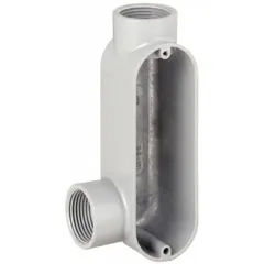 Aluminum LL - 90° elbow type conduit outlet body with 1 in trade size, 12 cu in body capacity, threaded hub, and powder-coated finish. Designed for use with rigid metal conduit (RMC) systems to provide a pull point or junction for 90-degree direction changes.