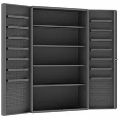 Assembled steel cabinet with 18 shelves and a 14 ga panel, finished in gray powder coat. Deep box design with keyed lock for secure storage. Suitable for organizing tools, parts, and supplies in industrial and workshop environments.