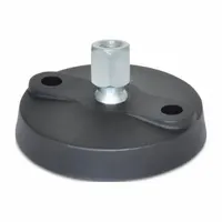This vibration-damping female leveling mount features an 80 mm base and M12 thread size, constructed from glass-filled nylon with a zinc-plated finish. It supports a load capacity of 8,006.8 N and includes mounting holes for secure attachment. Used for leveling and stabilizing industrial machinery while reducing vibration and noise