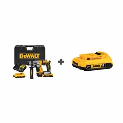 This cordless rotary hammer features a D-handle design and is powered by a 20V DC, 2.0Ah battery with a brushless motor. It delivers 1.4 Joules of impact energy at 1,100 bpm and operates in Hammer and Rotate mode. Suitable for drilling and light chiseling in concrete and masonry.
