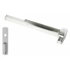 Mortise exit device with touchbar style, suitable for doors up to 3 ft wide. Chrome finish. Includes night latch outside trim for key-locking from exterior while allowing push-bar egress from inside. ADA compliant.