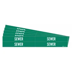 Green adhesive pipe markers with white 'Sewer' legend, designed for pipe outer diameters from 3/4 to 2-3/8 inches. Each pack contains 4 markers without arrows, sold in a 5-pack configuration. Used to identify sewer piping in industrial and commercial facilities.