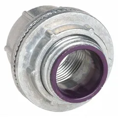 Zinc insulated conduit hub for terminating rigid metal conduit (RMC) or intermediate metal conduit (IMC) at electrical enclosures. Features a 2"-11-1/2 NPT thread, 1 7/8 in overall length, and insulated throat to protect conductors. Provides a grounded, watertight connection in wet or dry locations.