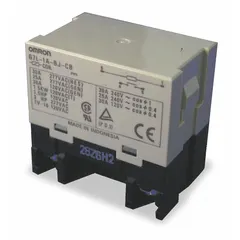 Bracket-mounted enclosed power relay from the OMRON G7L Series. Features a 30 A current rating, SPST-NO contact configuration, 100/120V AC coil voltage, and screw terminal connections. Square base with E-bracket mounting style (bracket sold separately). Suitable for switching high-current loads in industrial control panels, HVAC equipment, and automation systems.