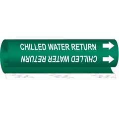 Green wrap-around pipe marker with white legend text reading 'Chilled Water Return' and directional arrows. Fits pipe outer diameters from 1-1/2 to 2-3/8 inches. Used to identify chilled water return lines in piping systems for clear visual communication.