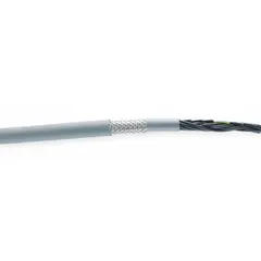 This shielded continuous flexing cable is designed for exposed run tray applications in cable carriers where constant motion occurs. It features 4 conductors of 16 AWG with PVC insulation and a gray jacket. Minimum bend radius is 7.5 times outer diameter for fixed installations and 8 times for flexible use. Sold by the foot.