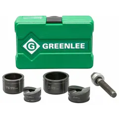 This hydraulic punch driver set is designed for creating holes in 10 ga mild steel. It includes a 3/4 in ball-bearing draw stud and accommodates punch sizes from 1-1/2 in to 2 in. Suitable for electrical enclosures, panelboards, and industrial equipment.