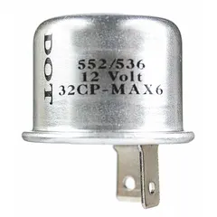 This 2-terminal flasher relay is rated for 11-15V DC and produces 60 to 120 flashes per minute. It is used to control the flash rate of turn signals or hazard lights in 12V DC vehicle electrical systems, including automotive, truck, and heavy-equipment lighting circuits.