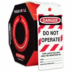 Polyolefin tag with 'Danger, Do Not Operate' legend, supplied on a roll. Includes preprinted fields for department, expected completion, and name. Used in lockout/tagout procedures to warn personnel not to operate equipment during maintenance or repair.