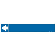 Blue adhesive pipe markers with white legend text, designed for pipes with outer diameters from 2-1/2 to 6 inches. Each pack contains 25 markers featuring directional arrows to indicate flow direction. Suitable for identifying pipe contents in industrial piping systems.