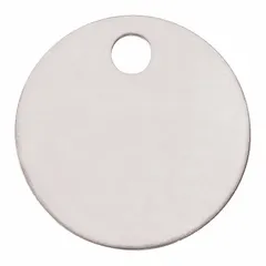 Circular marker tag for label stamping presses, made of 304 stainless steel. Diameter 1-1/2 in, thickness 0.04 in, with one hole and capacity for up to 3 lines of text. Used for durable identification in industrial settings.
