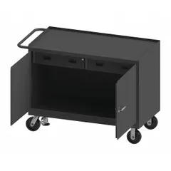 This fully assembled mobile cabinet bench features a steel top and gray finish. It includes a side handle for maneuvering and drawers for storage. With an overall load capacity of 2000 lb, it is suited for industrial workshops, maintenance facilities, and assembly lines where heavy-duty workholding and tool storage are required.