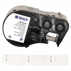 Vinyl wraparound label cartridge for wire and cable identification. White matte finish, sized 1 1/4 in x 1/2 in, for wire gauges 10 AWG to 4 AWG. Compatible with M510 printer series and requires R4300 ribbon.